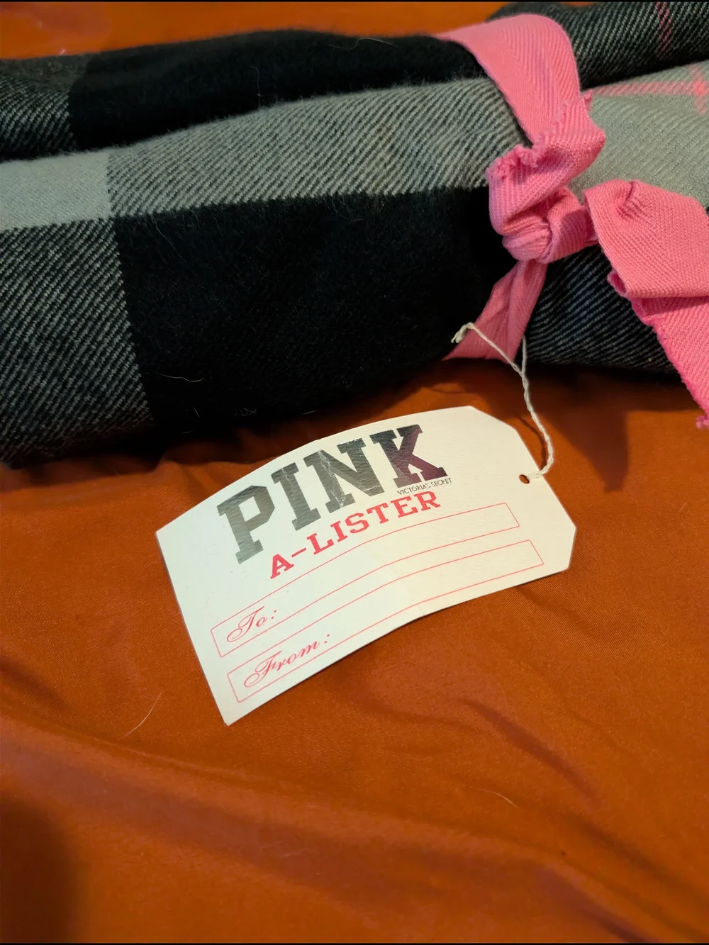 PINK Victoria's Secret Black and Gray Plaid Cozy Throw with Pink Tag